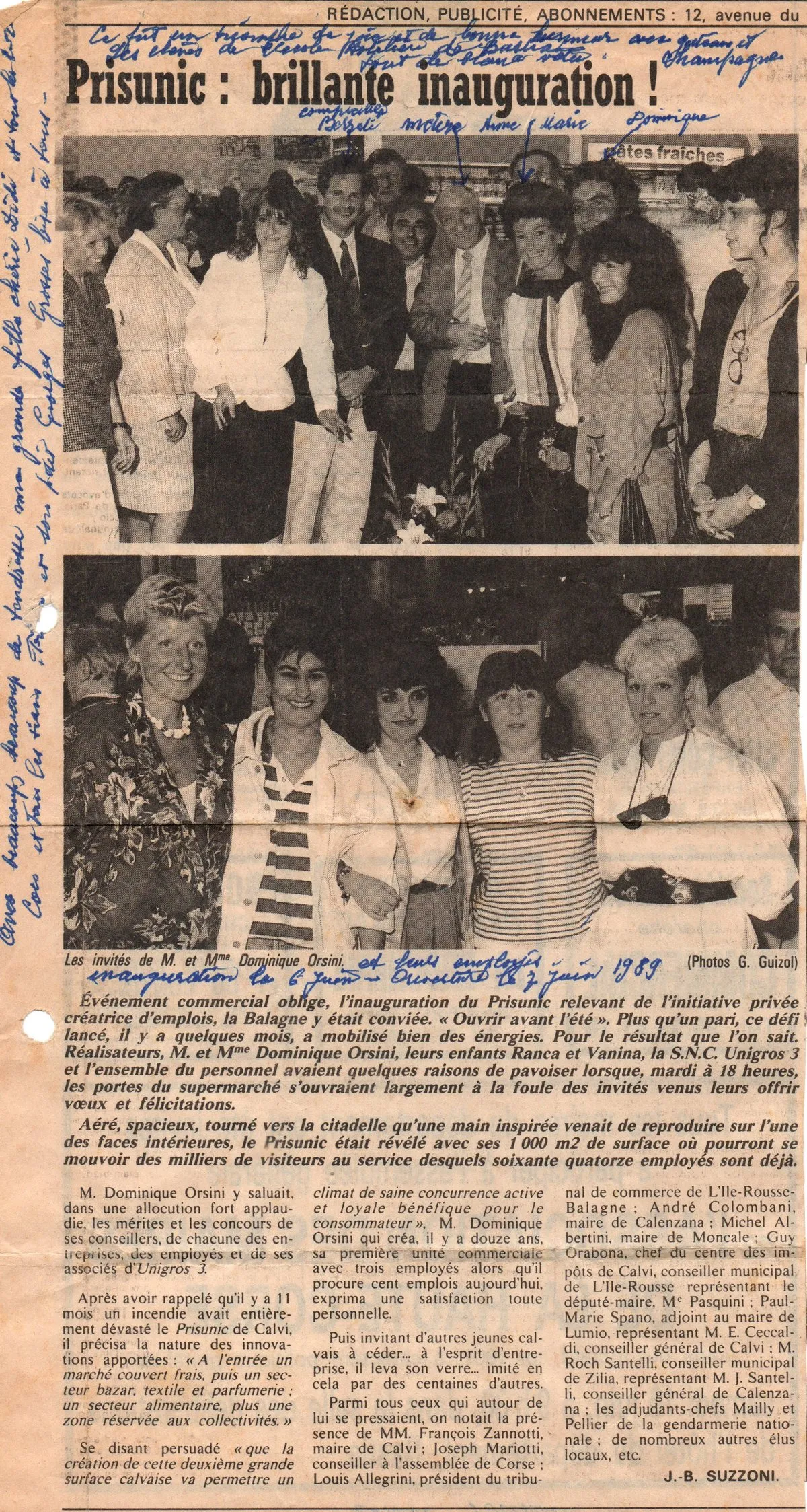 Coupure de presse de juin 1989 titrée « Prisunic : brillante inauguration ! », avec deux photos des invités et du personnel le soir de l'ouverture
