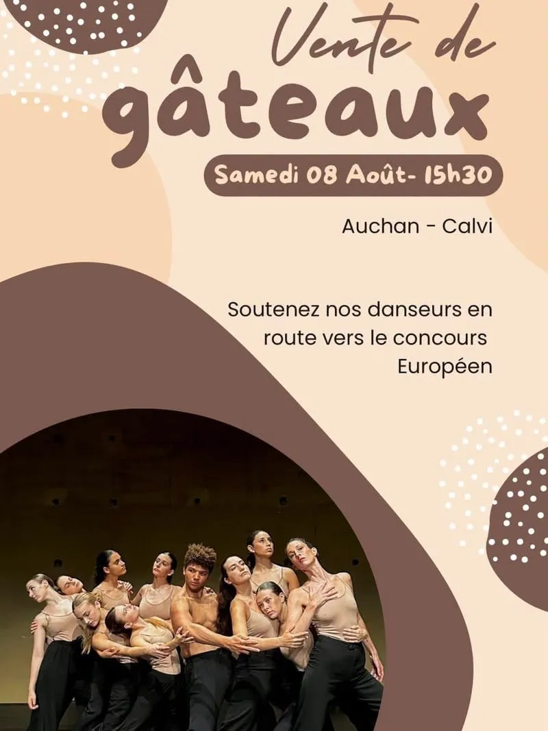 Affiche de la vente de gâteaux de Danse Attitude à Auchan Calvi, avec la troupe de danseurs