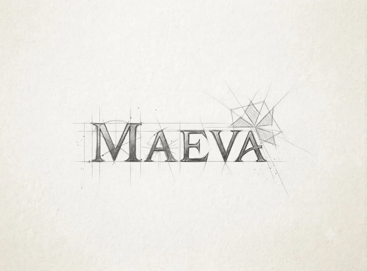Croquis au crayon du logo MAEVA, tracé à la main sur papier, avec ses lignes de construction