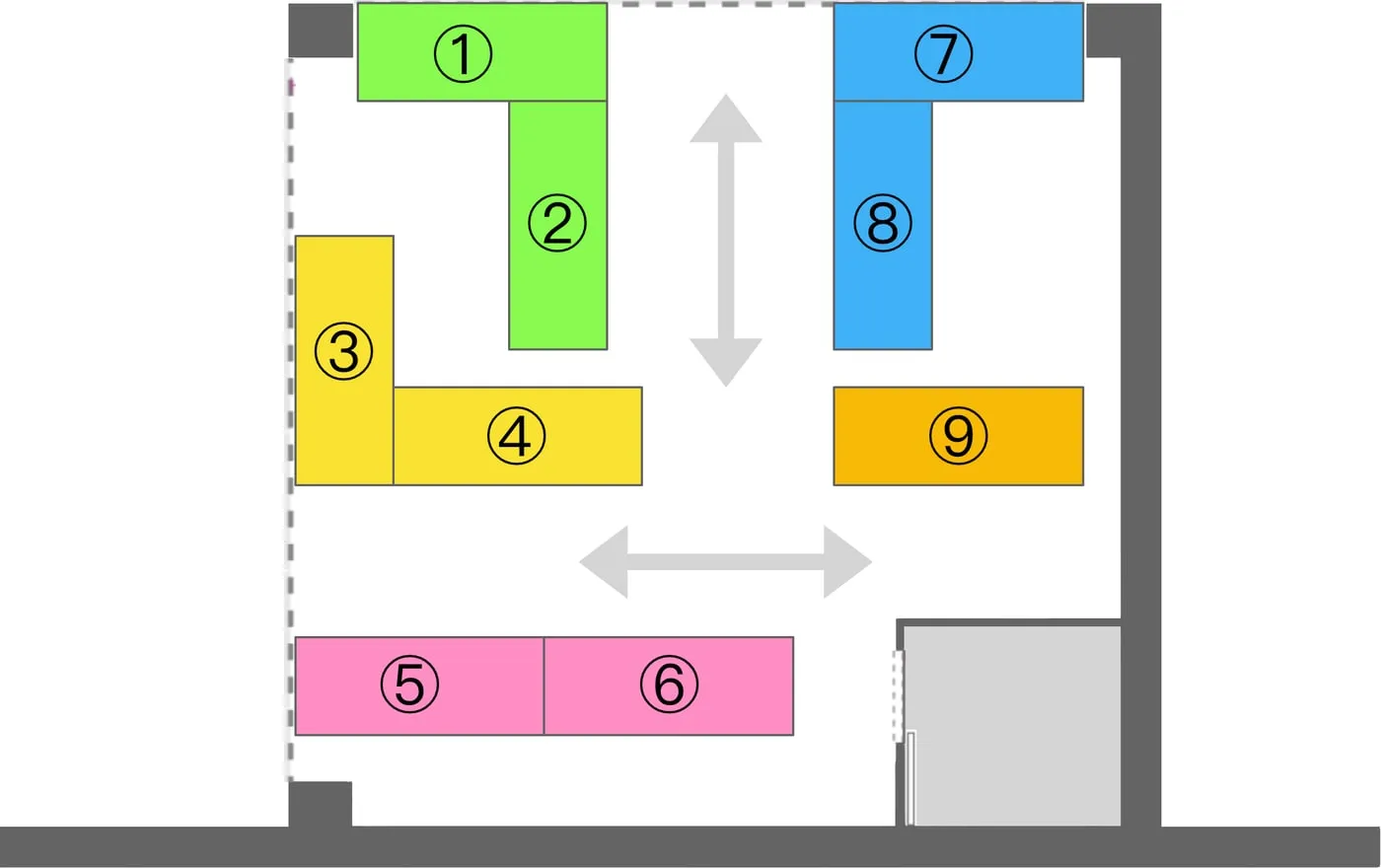 Plan des neuf emplacements à louer dans la galerie marchande, numérotés de 1 à 9 et répartis le long des murs, avec les allées de circulation au centre.