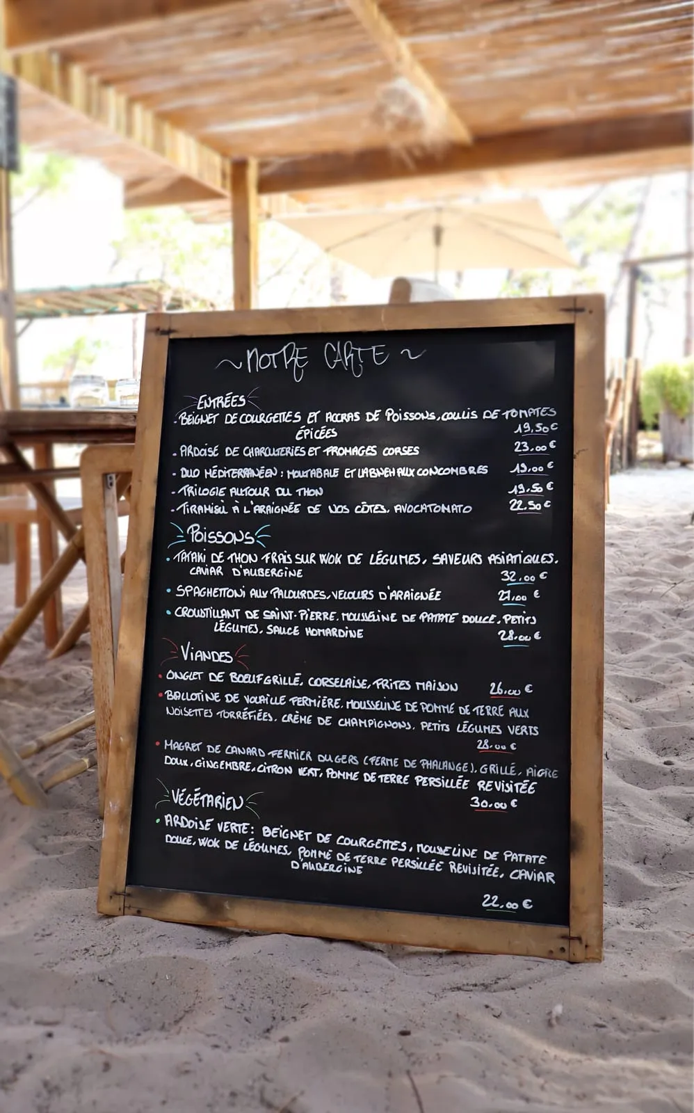L'ardoise « Notre carte » du Vol Õ Vents : entrées, poissons, viandes et plat végétarien